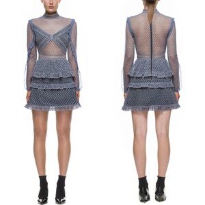Self-Portrait Grey Blue Dot Mesh Lace Tiered Mini Dress Size US 6 (UK 10)